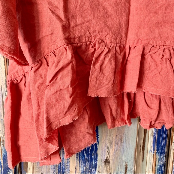 LenokLINEN Loose Ruffle Linen Blouse Coral S - Picture 6 of 11